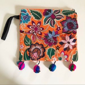 Neon Orange Floral Embroidered Zipper Wristlet